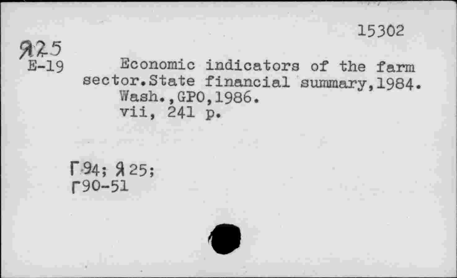 ﻿15302
E-19 Economic indicators of the farm sector.State financial summary,1984.
Wash.,GPO,1986.
vii, 241 p.
I" 94; 2 25;
T9O-51